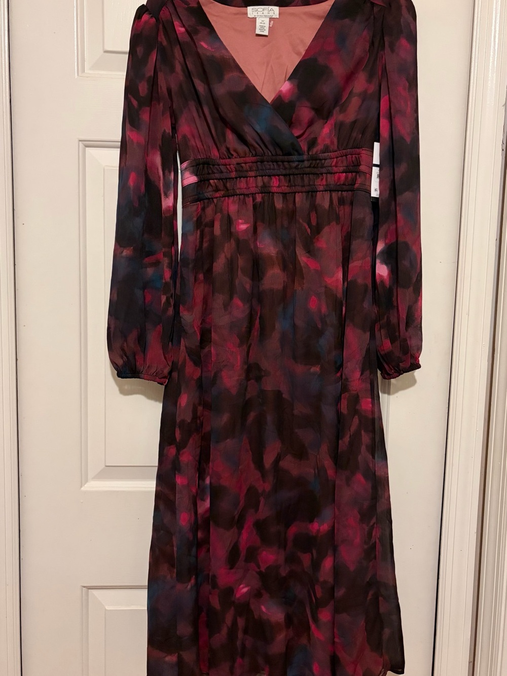 SOFIA by Sofia Vergara Wine and Pink Abstract Long Sleeve Midi Dress
